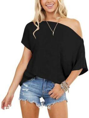 🆕 Women's Short Sleeve Shirts Off Shoulder Tops Casual Batwing Tunics Summer